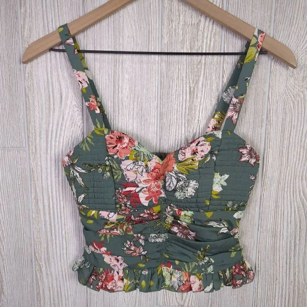 BOG Collective Women’s XS Green Floral Corset Cropped Top Shirt Vibrant Mod